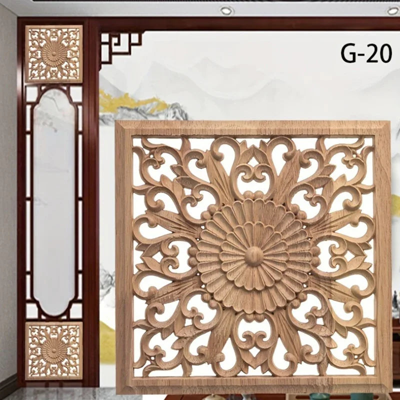 Classic Carved Wood Wall Sculpture, 7.87" Square Floral Medallion, Decorative Unpainted Wooden Applique... - House Of Avana
