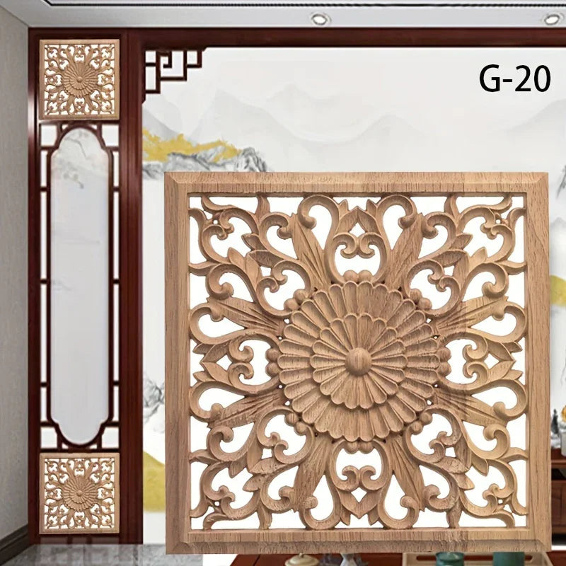 Classic Carved Wood Wall Sculpture, 7.87" Square Floral Medallion, Decorative Unpainted Wooden Applique... - House Of Avana