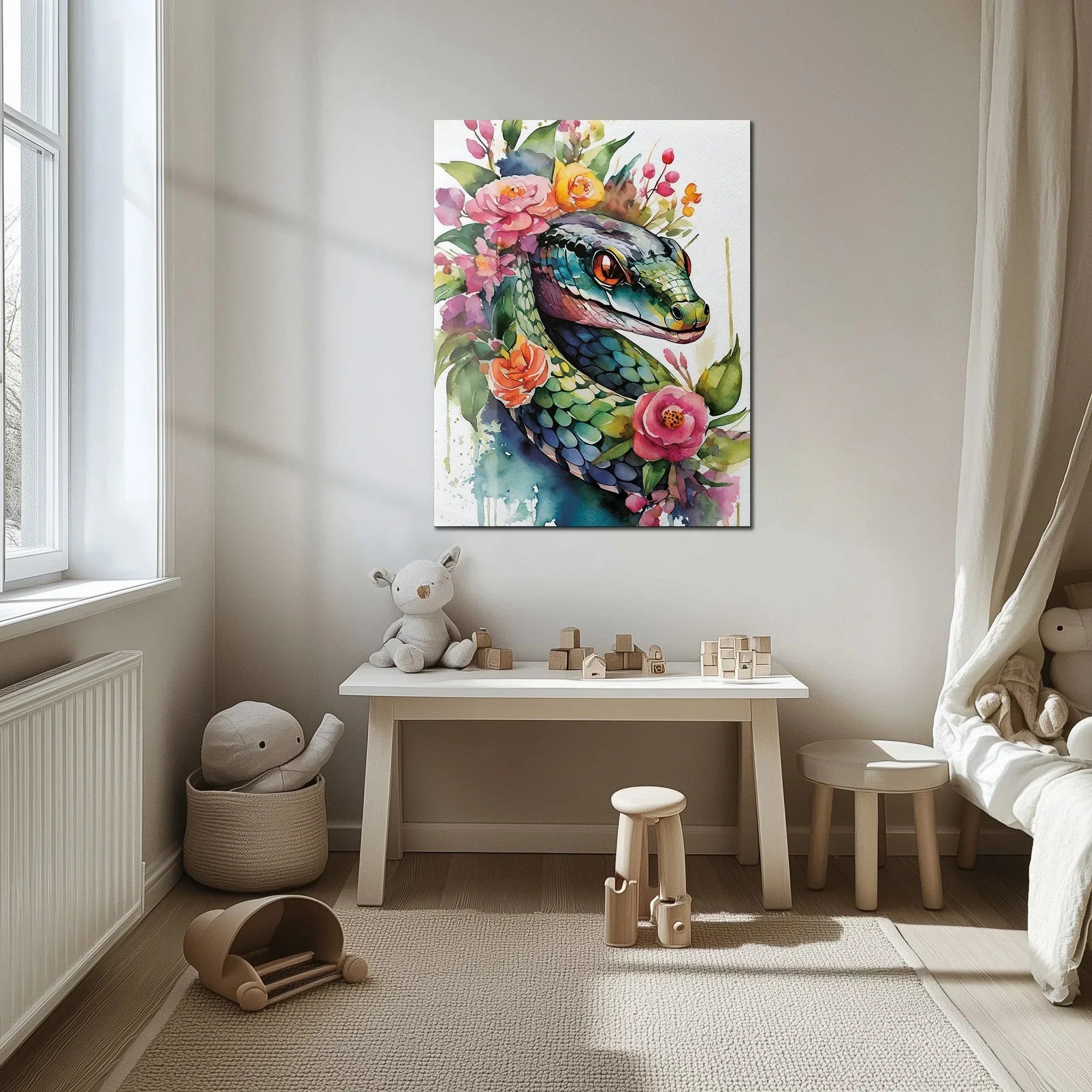 Floral Serpent Portrait – Watercolor Style UV Glass Wall Art with Botanical Snake Design - KAFCD109 Peony Atelier