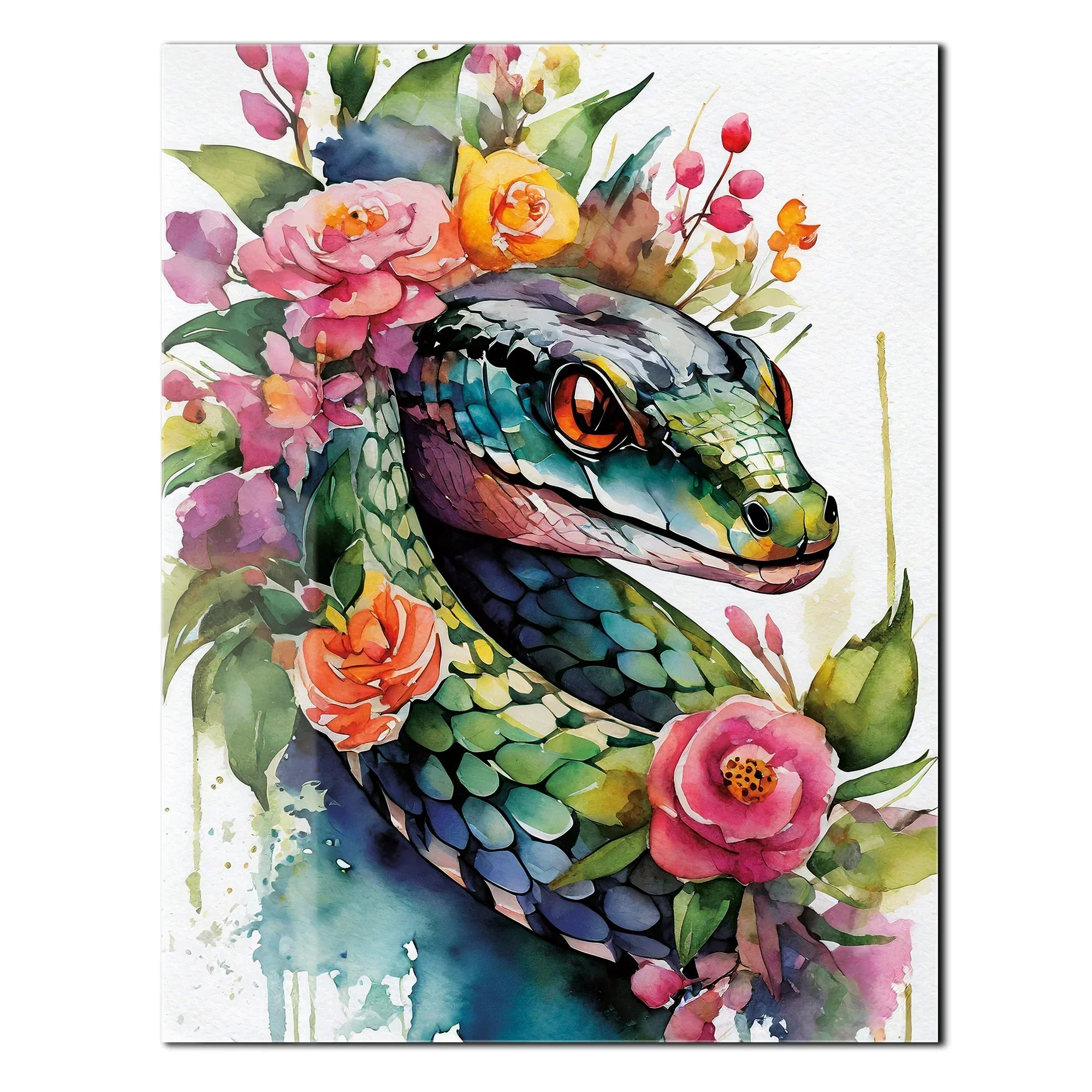Floral Serpent Portrait – Watercolor Style UV Glass Wall Art with Botanical Snake Design - KAFCD109 Peony Atelier