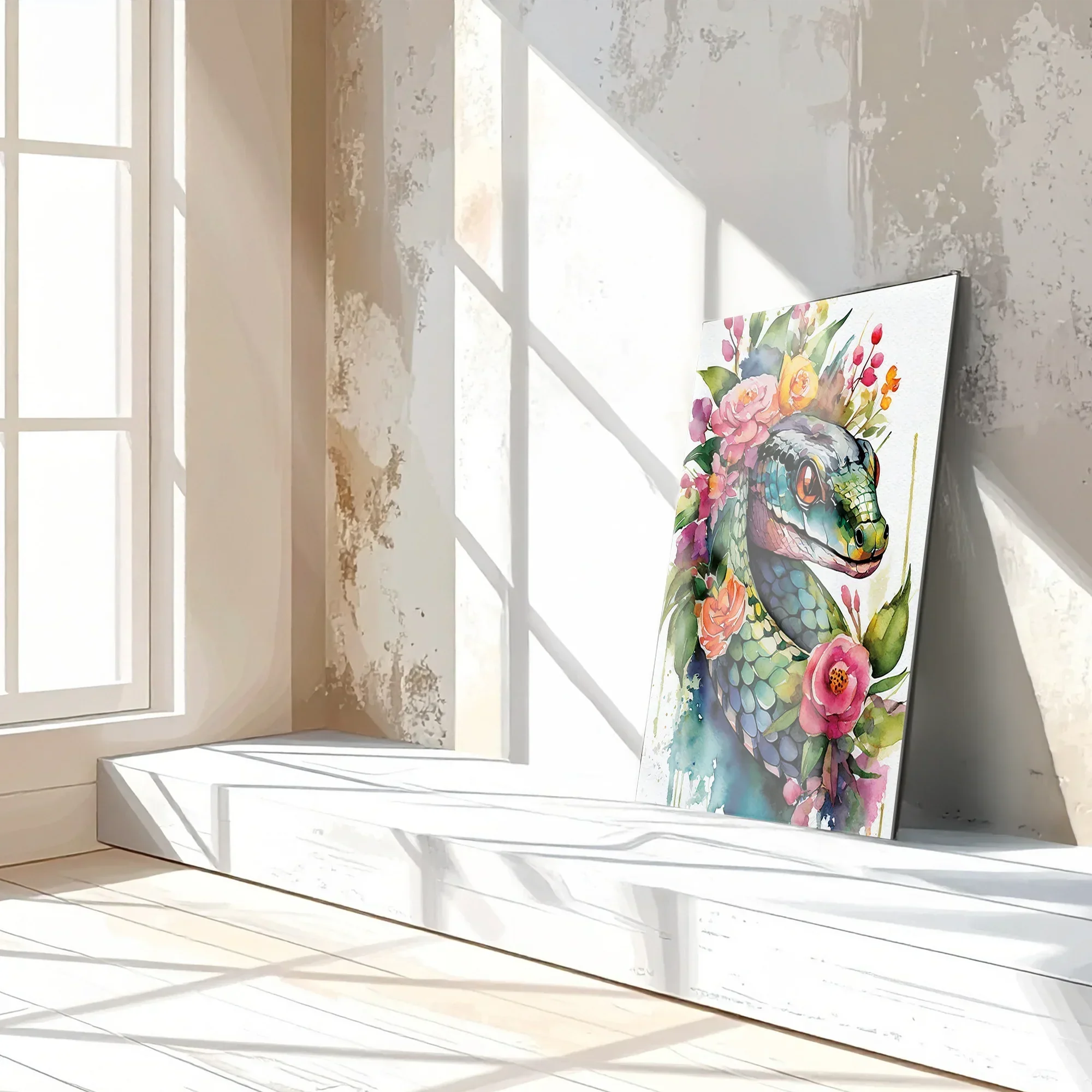 Floral Serpent Portrait – Watercolor Style UV Glass Wall Art with Botanical Snake Design - KAFCD109 Peony Atelier