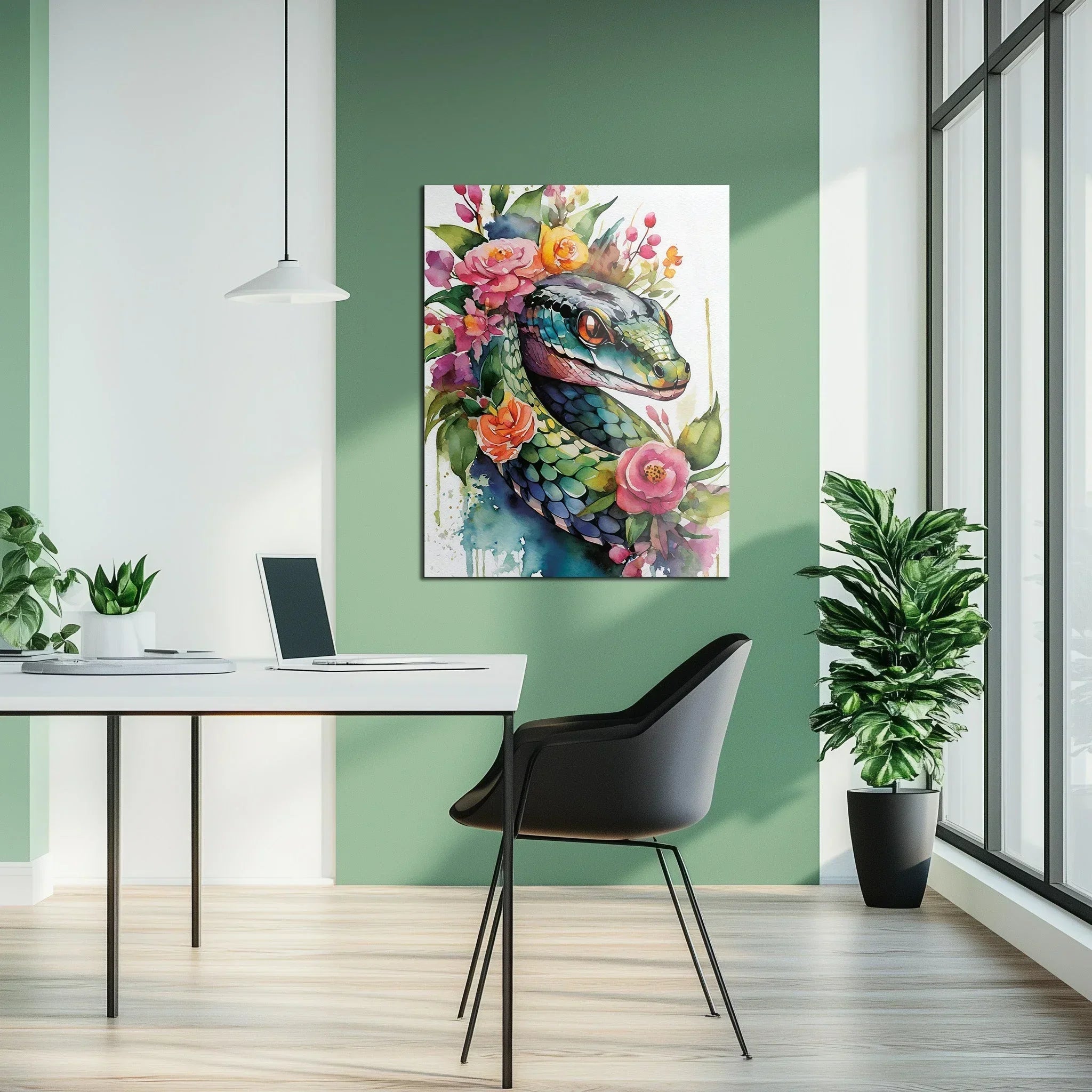 Floral Serpent Portrait – Watercolor Style UV Glass Wall Art with Botanical Snake Design - KAFCD109 Peony Atelier