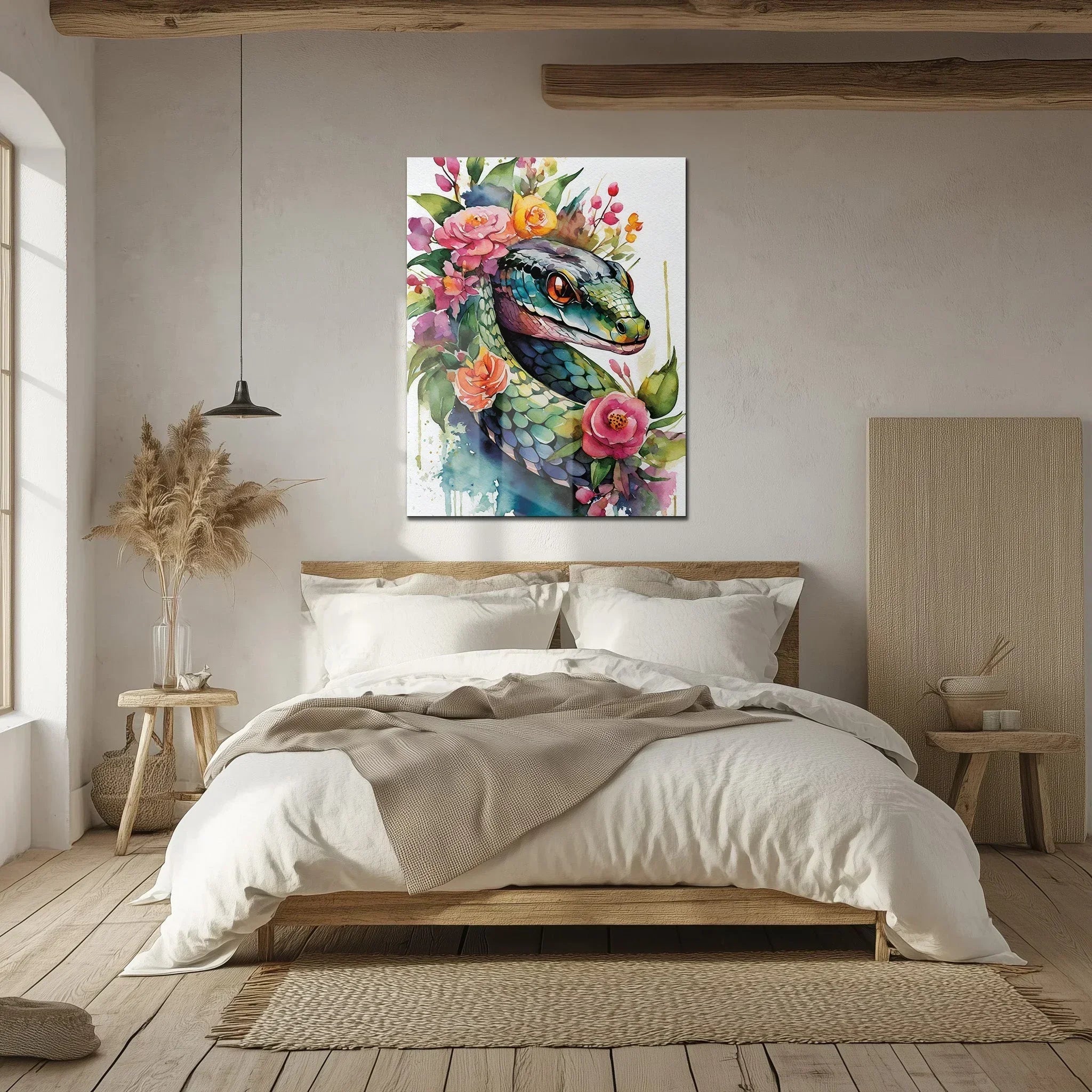 Floral Serpent Portrait – Watercolor Style UV Glass Wall Art with Botanical Snake Design - KAFCD109 Peony Atelier