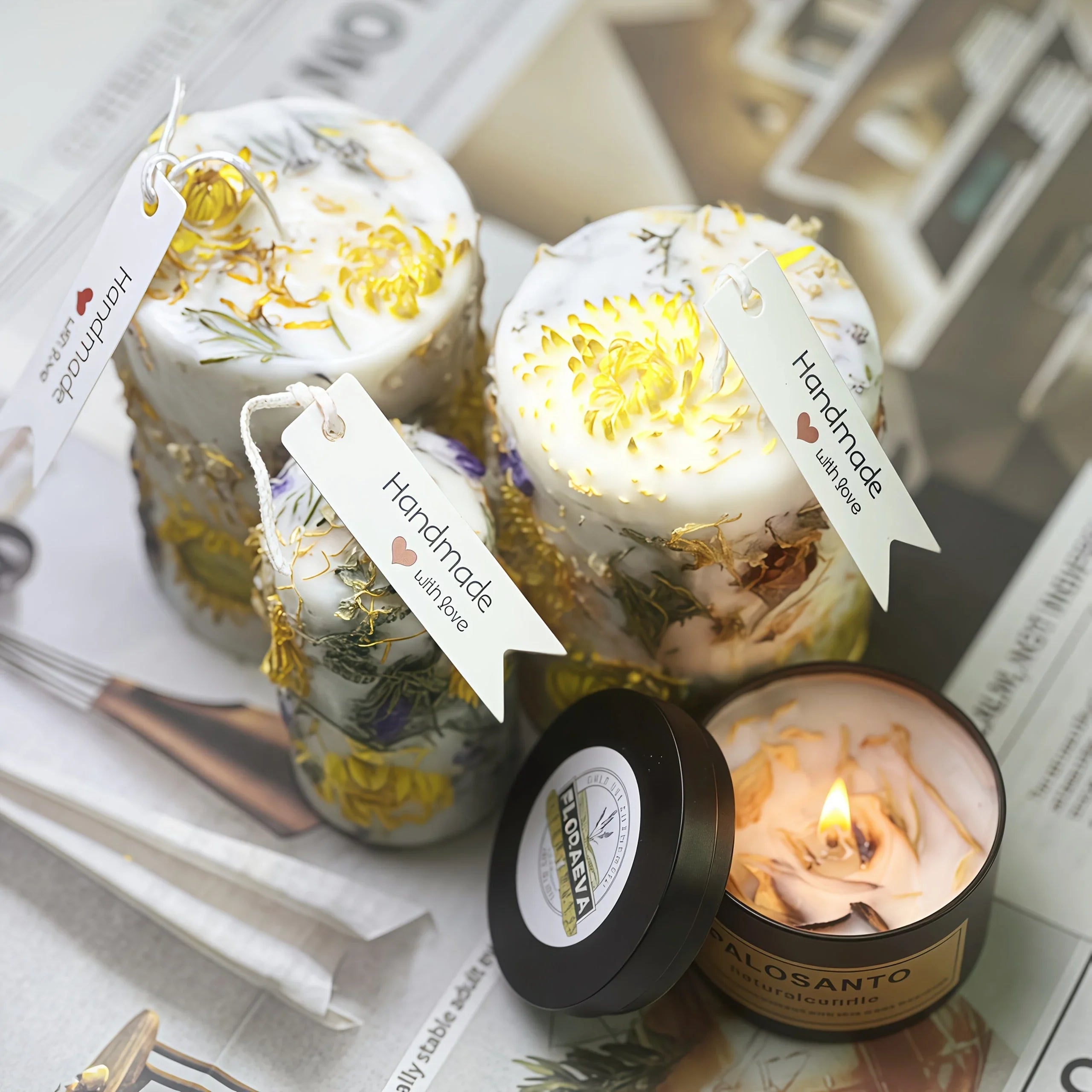 Large white floral soy wax candles in mercury glass holders, 2-pack - House of Avana