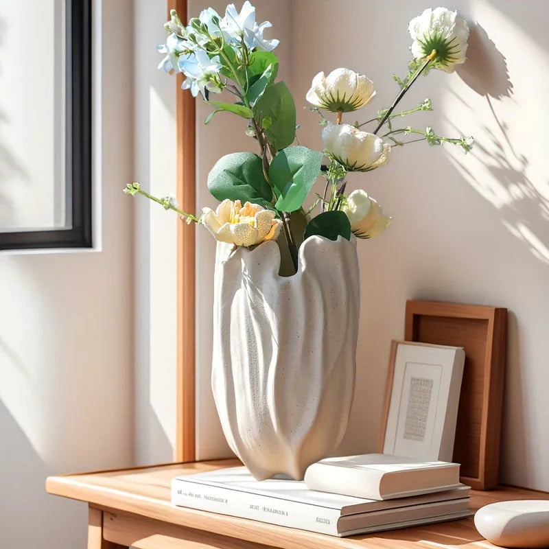 Ceramic Vase with Textured Surface, Elegant Floral Design for Home Decor, angled view - House Of Avana