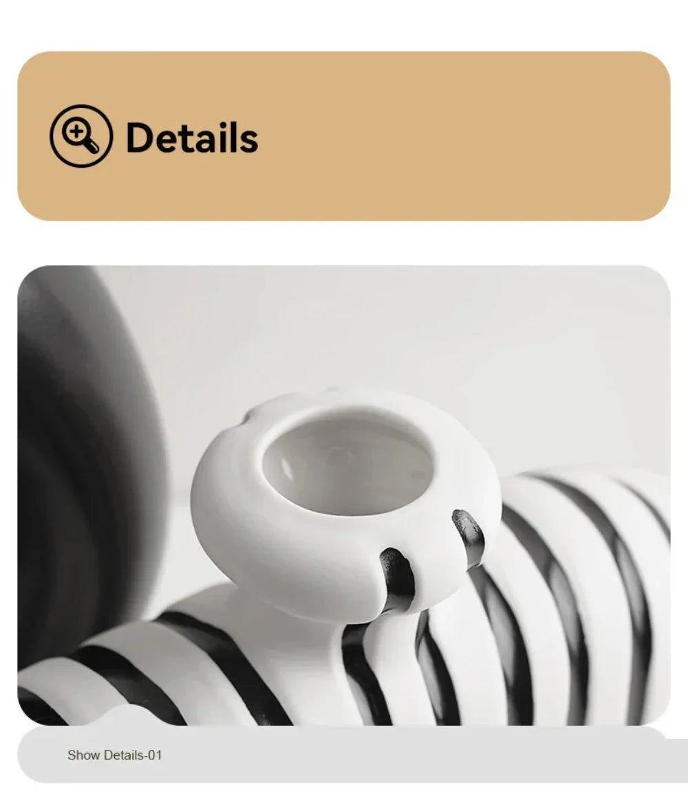 Ceramic Zebra Stripes Vase with Artificial Flowers, Modern Floral Decor, angled view - House Of Avana
