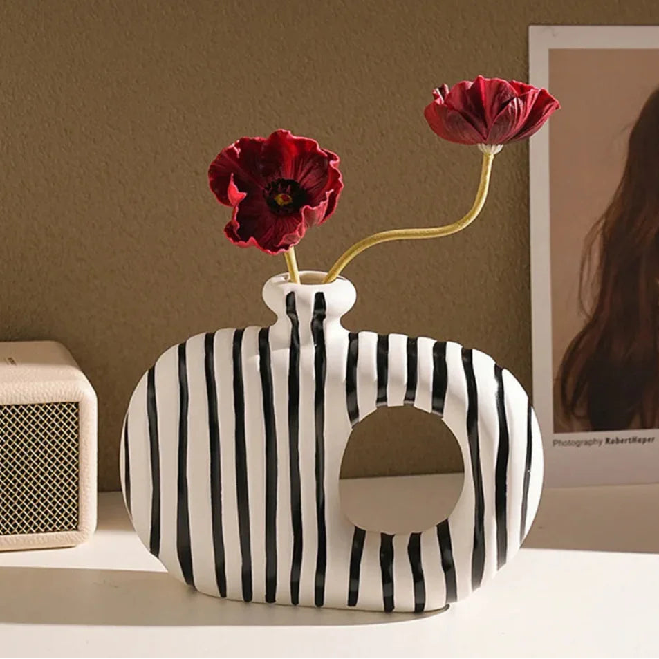 Ceramic Zebra Stripes Vase with Artificial Flowers, Modern Floral Decor, detail shot - House Of Avana