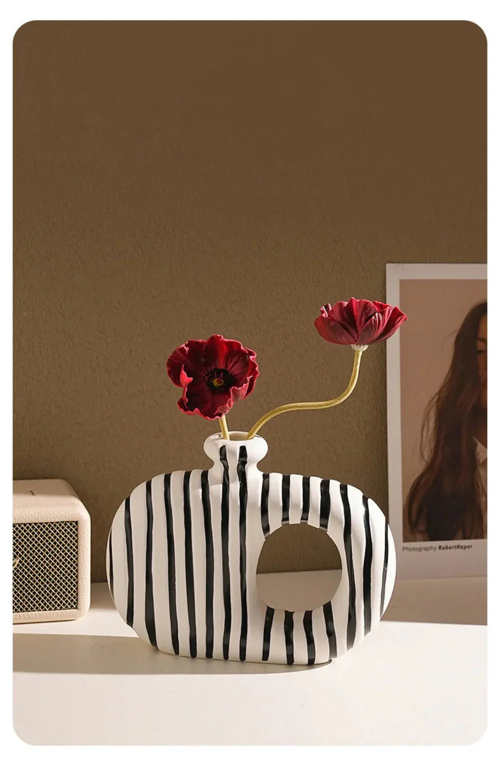 Ceramic Zebra Stripes Vase with Artificial Flowers, Modern Floral Decor, lifestyle image - House Of Avana