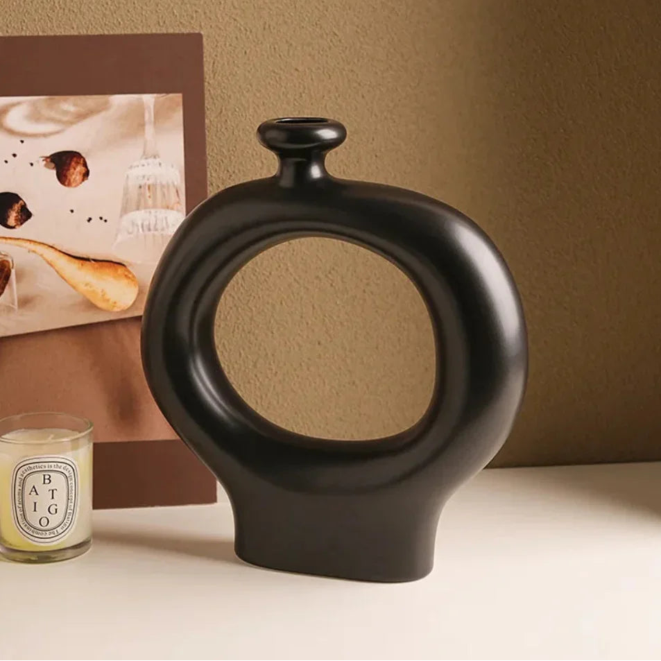 Ceramic Zebra Stripes Vase with Artificial Flowers, Modern Floral Decor, side view - House Of Avana