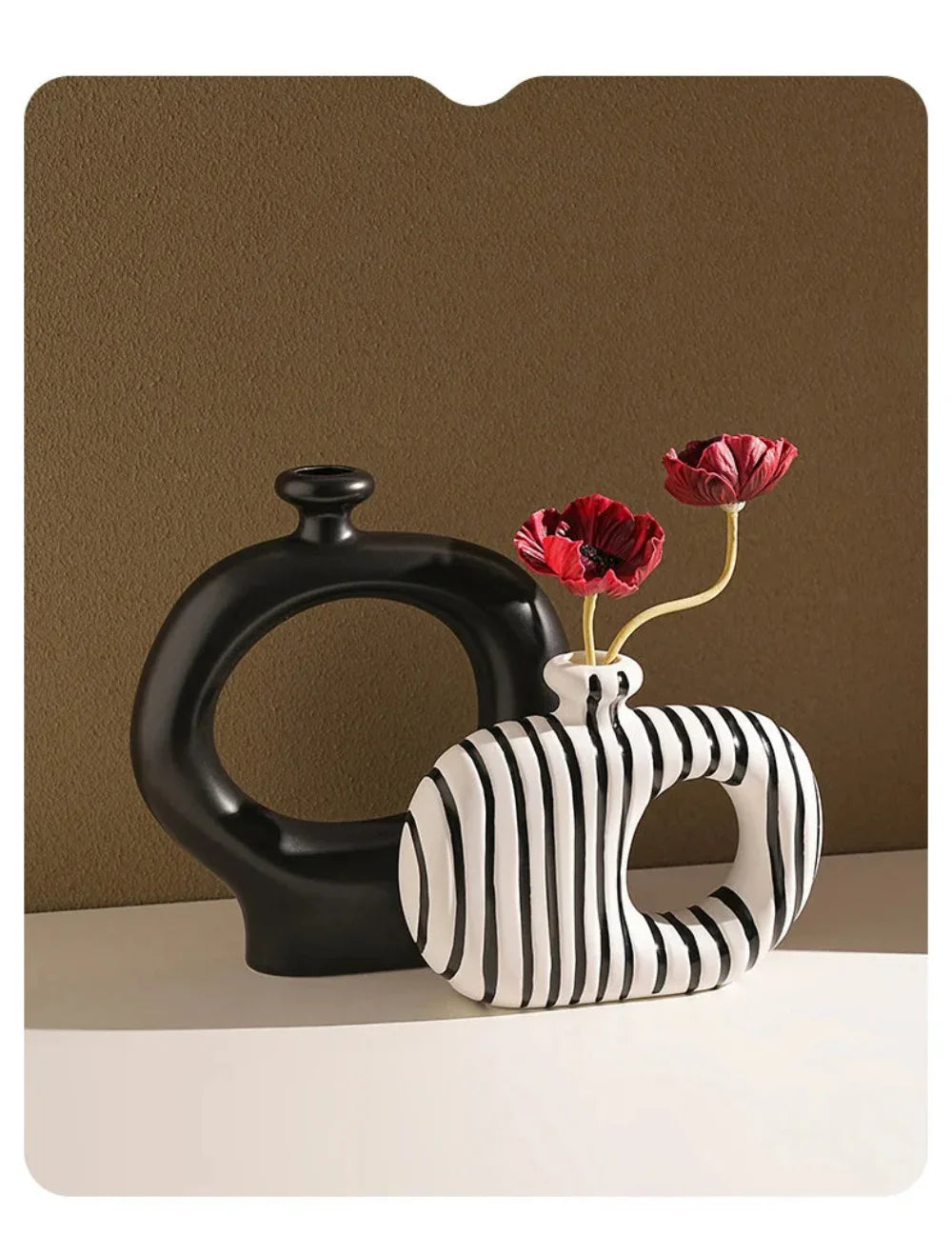 Ceramic Zebra Stripes Vase with Artificial Flowers, Modern Floral Decor, top view - House Of Avana