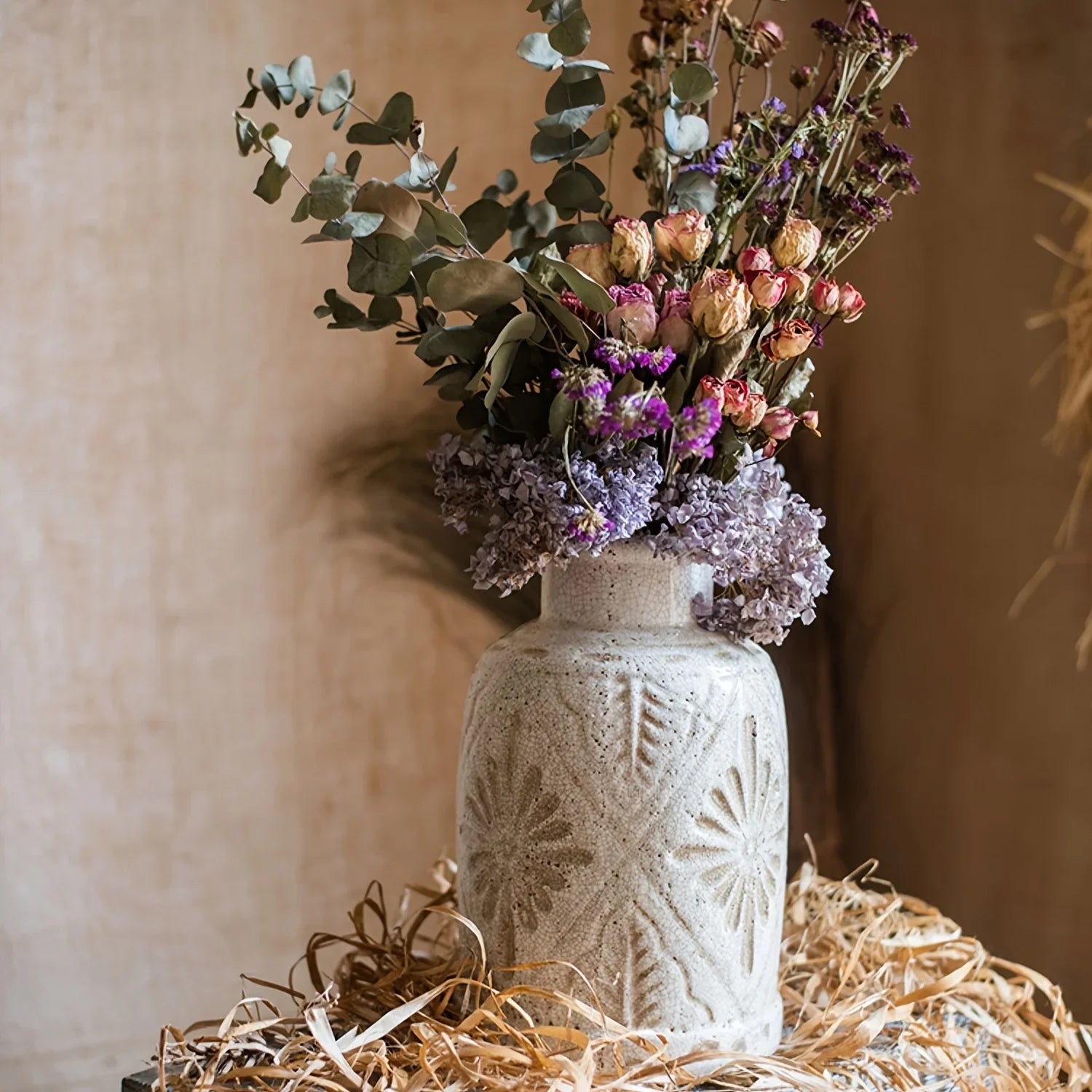 Rural Farmhouses Ceramic Vase, Decorative Floral Texture Vase for Home Decor, Living Room Decor, Shelf... - House Of Avana