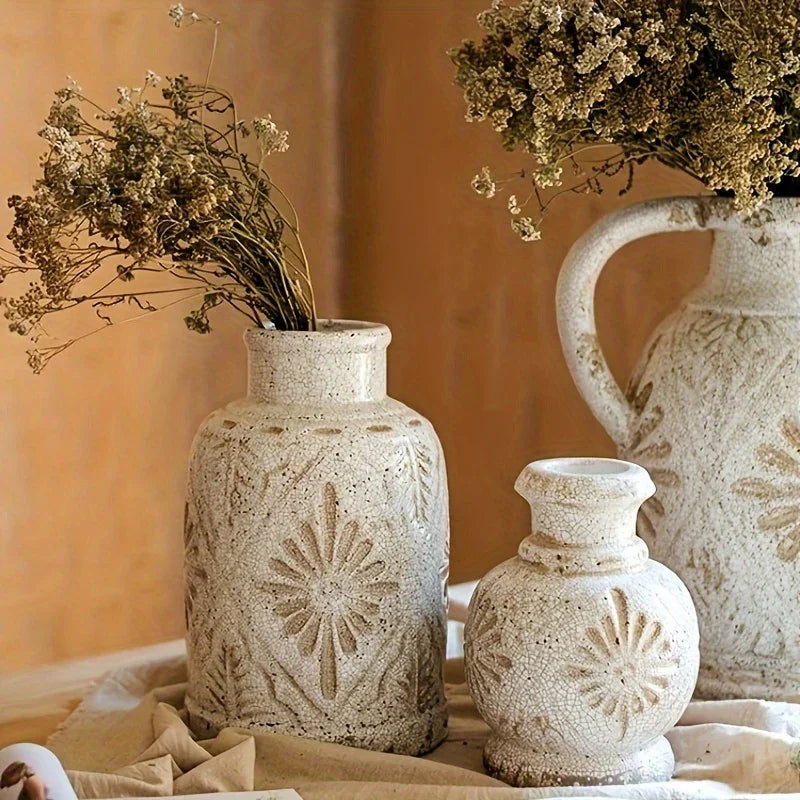 Rural Farmhouses Ceramic Vase, Decorative Floral Texture Vase for Home Decor, Living Room Decor, Shelf... - House Of Avana
