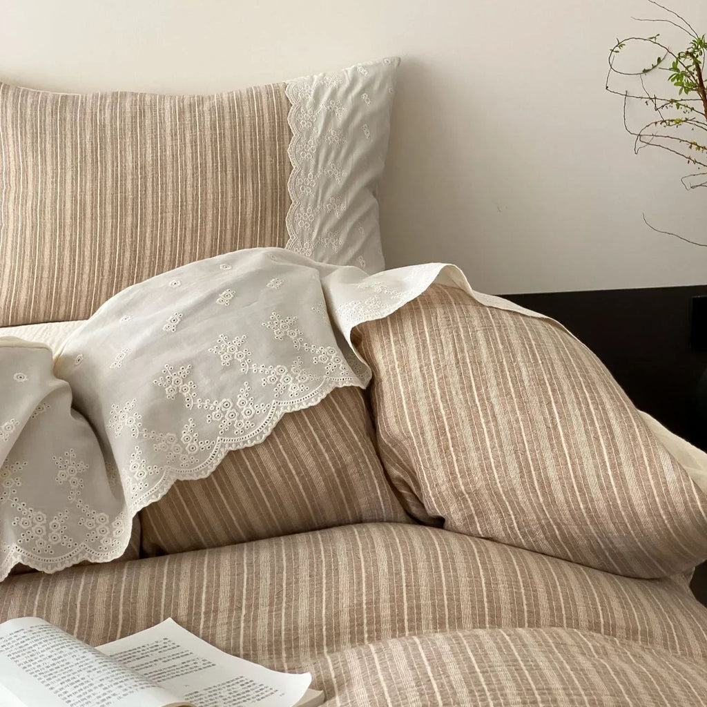 Florence Lace Double Gauze Striped Bedding Set / Beige Brown Ever Lasting