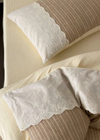 Florence Lace Double Gauze Striped Bedding Set / Beige Brown Ever Lasting