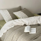 Florence Lace Double Gauze Striped Bedding Set / Beige Brown Ever Lasting
