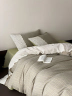 Florence Lace Double Gauze Striped Bedding Set / Beige Brown Ever Lasting