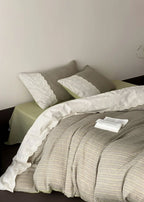 Florence Lace Double Gauze Striped Bedding Set / Beige Brown Ever Lasting