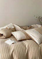 Florence Lace Double Gauze Striped Bedding Set / Beige Brown Ever Lasting