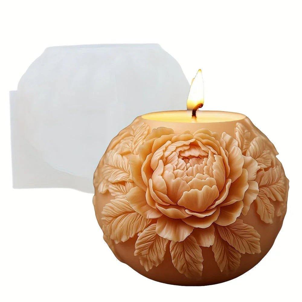 Large Peony Flower Relief Ball Candle Silicone Mold, Blooming Floral Design for Resin Casting, Concrete... - House Of Avana
