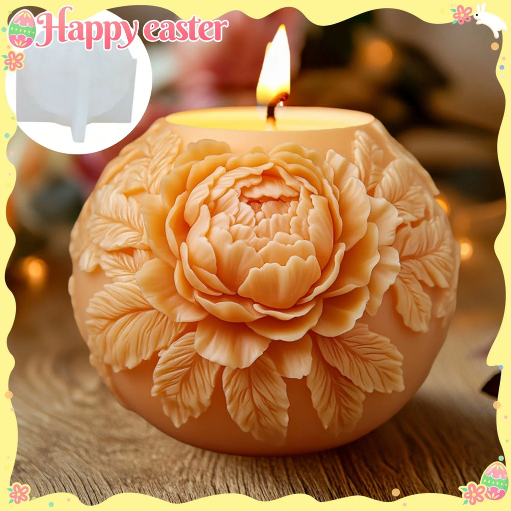 Large Peony Flower Relief Ball Candle Silicone Mold, Blooming Floral Design for Resin Casting, Concrete... - House Of Avana