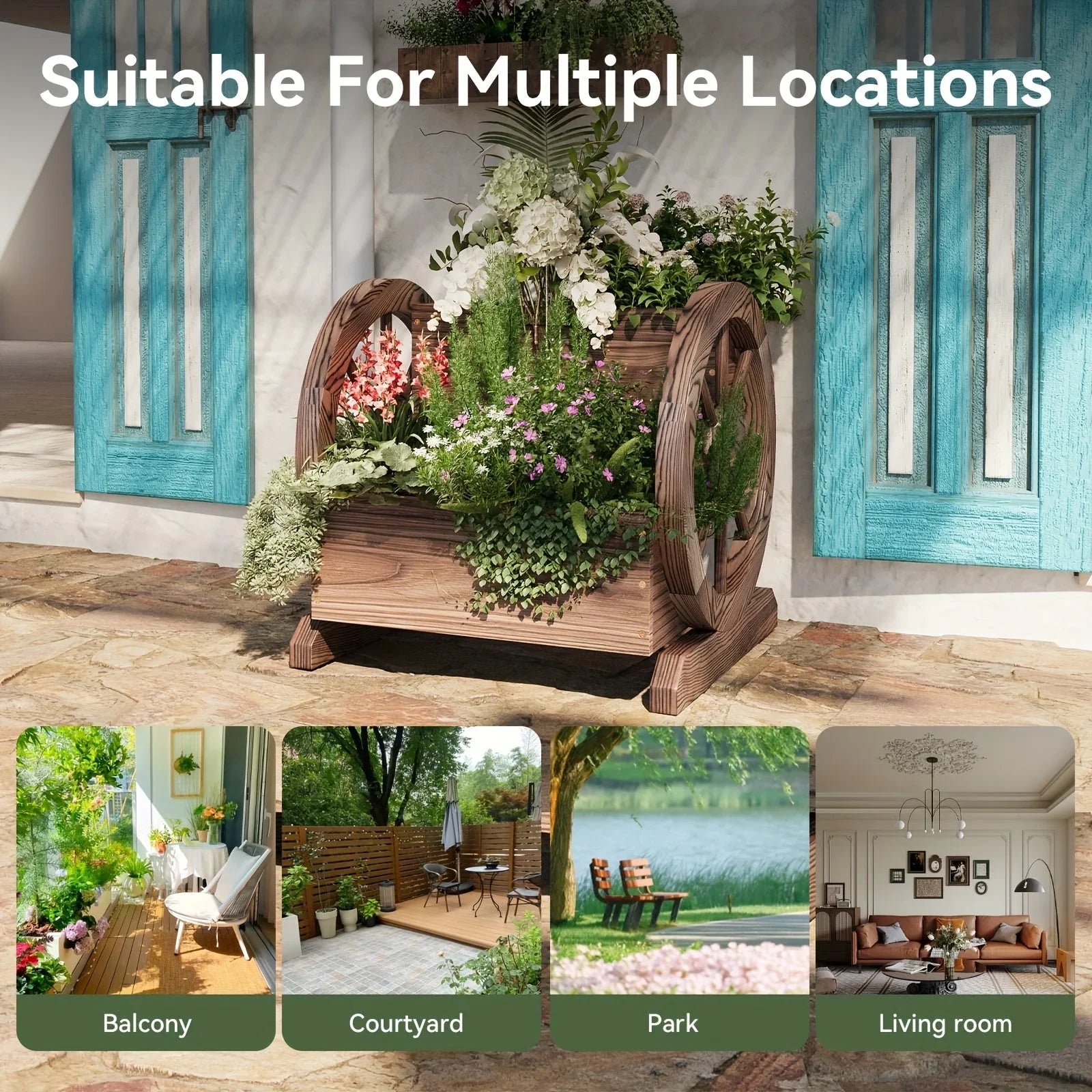 Sonegra Wooden Flower Cart Pot with Wheels, Flower Pots Decoration for Garden, Outdoor Garden Planter &... - House Of Avana