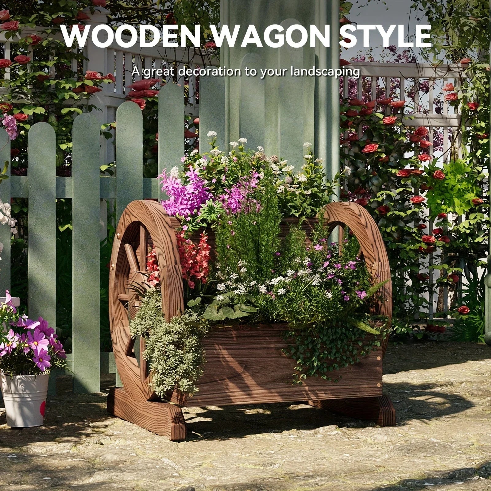 Sonegra Wooden Flower Cart Pot with Wheels, Flower Pots Decoration for Garden, Outdoor Garden Planter &... - House Of Avana