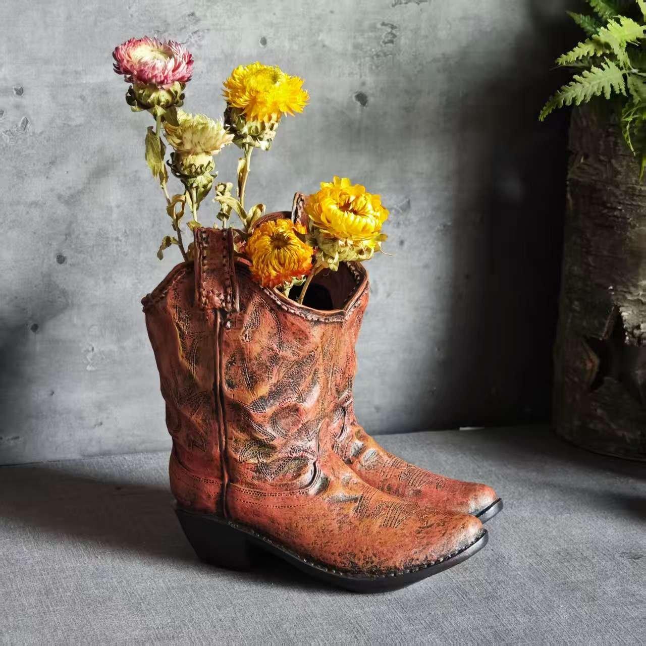 American Country Creative Western Cowboy Boot Resin Flower Pot Ornament Vase for Balcony Garden... - House Of Avana