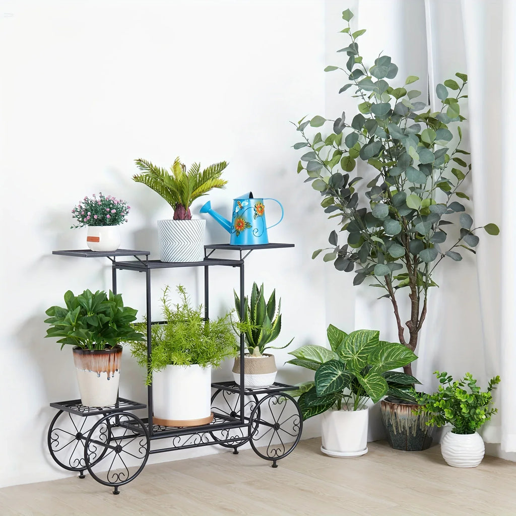 6-tier Metal Garden Cart Stand Iron Plant Rack Home Porch Flower Display Holder, angled view - House Of Avana