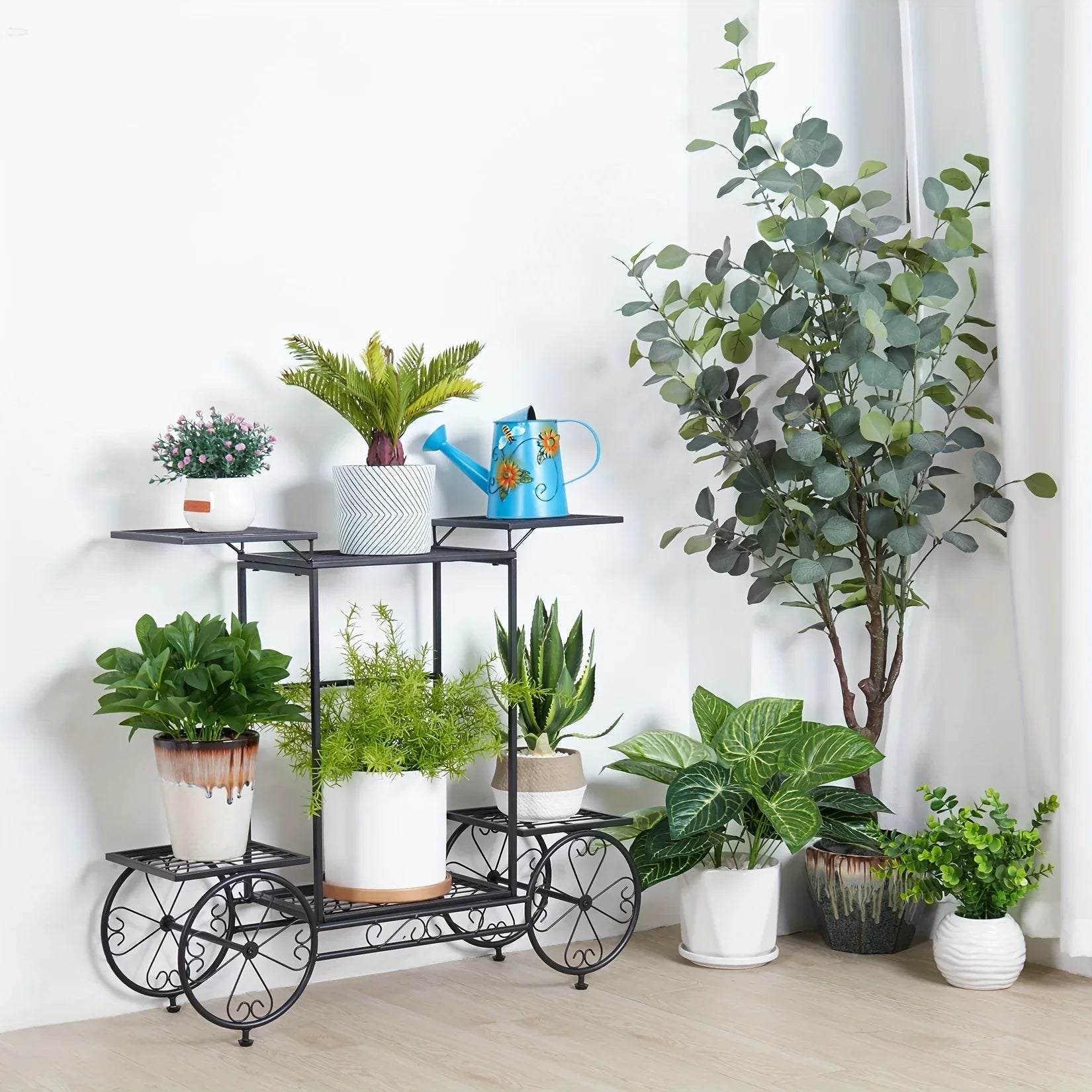 6-tier Metal Garden Cart Stand Iron Plant Rack Home Porch Flower Display Holder, angled view - House Of Avana