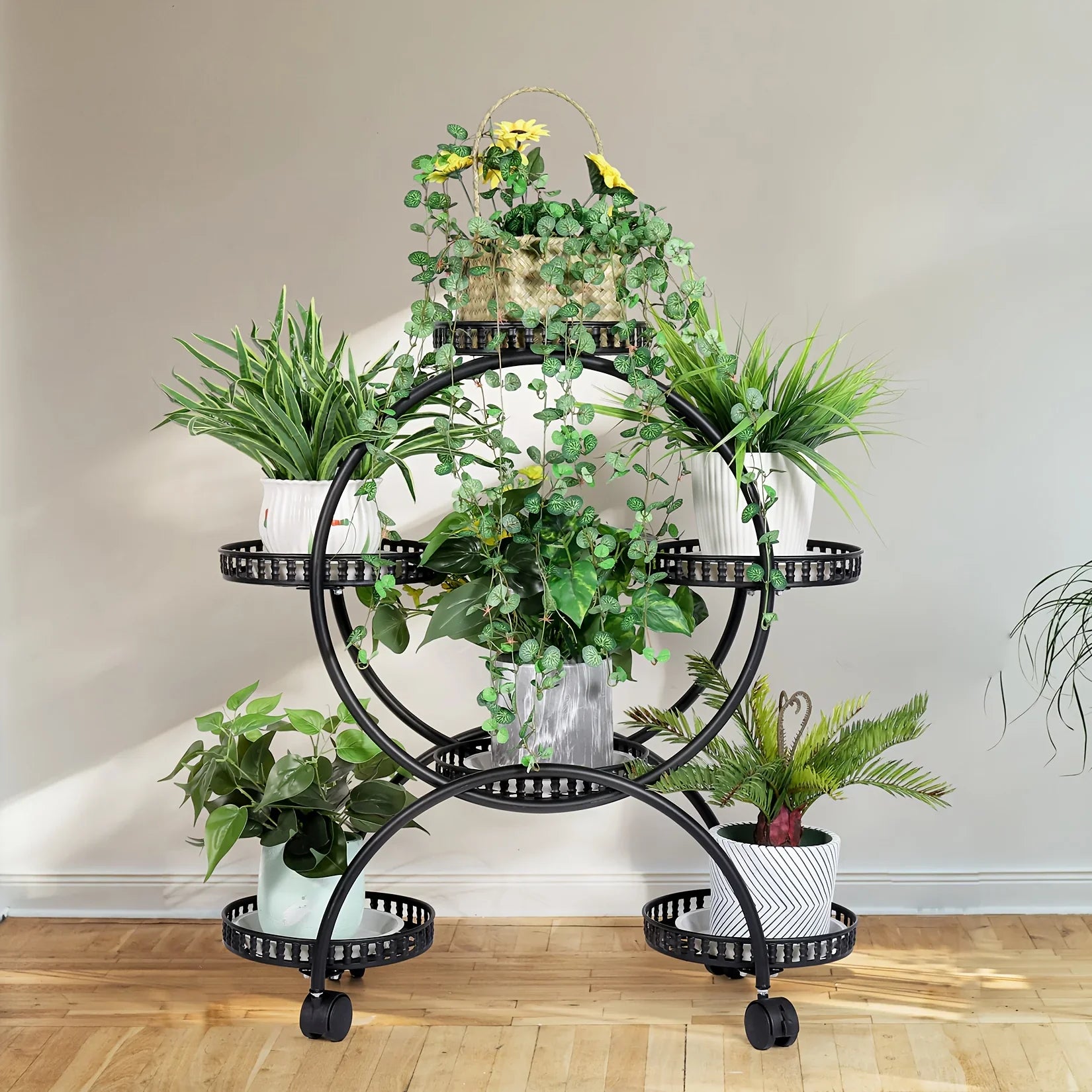 6 Potted Metal Plant Stand Garden Cart Wrought Iron Flower Pots Rack Holder Display Shelf with Wheels... - House Of Avana