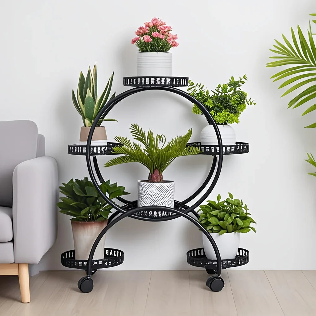 6 Potted Metal Plant Stand Garden Cart Wrought Iron Flower Pots Rack Holder Display Shelf with Wheels... - House Of Avana
