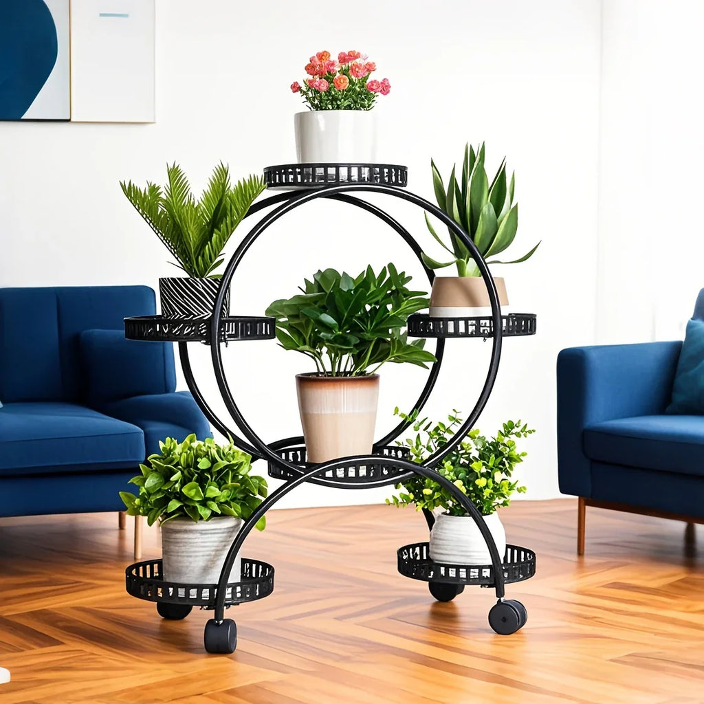 6 Potted Metal Plant Stand Garden Cart Wrought Iron Flower Pots Rack Holder Display Shelf with Wheels... - House Of Avana