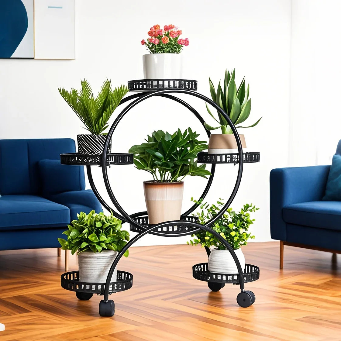 6 Potted Metal Plant Stand Garden Cart Wrought Iron Flower Pots Rack Holder Display Shelf with Wheels... - House Of Avana