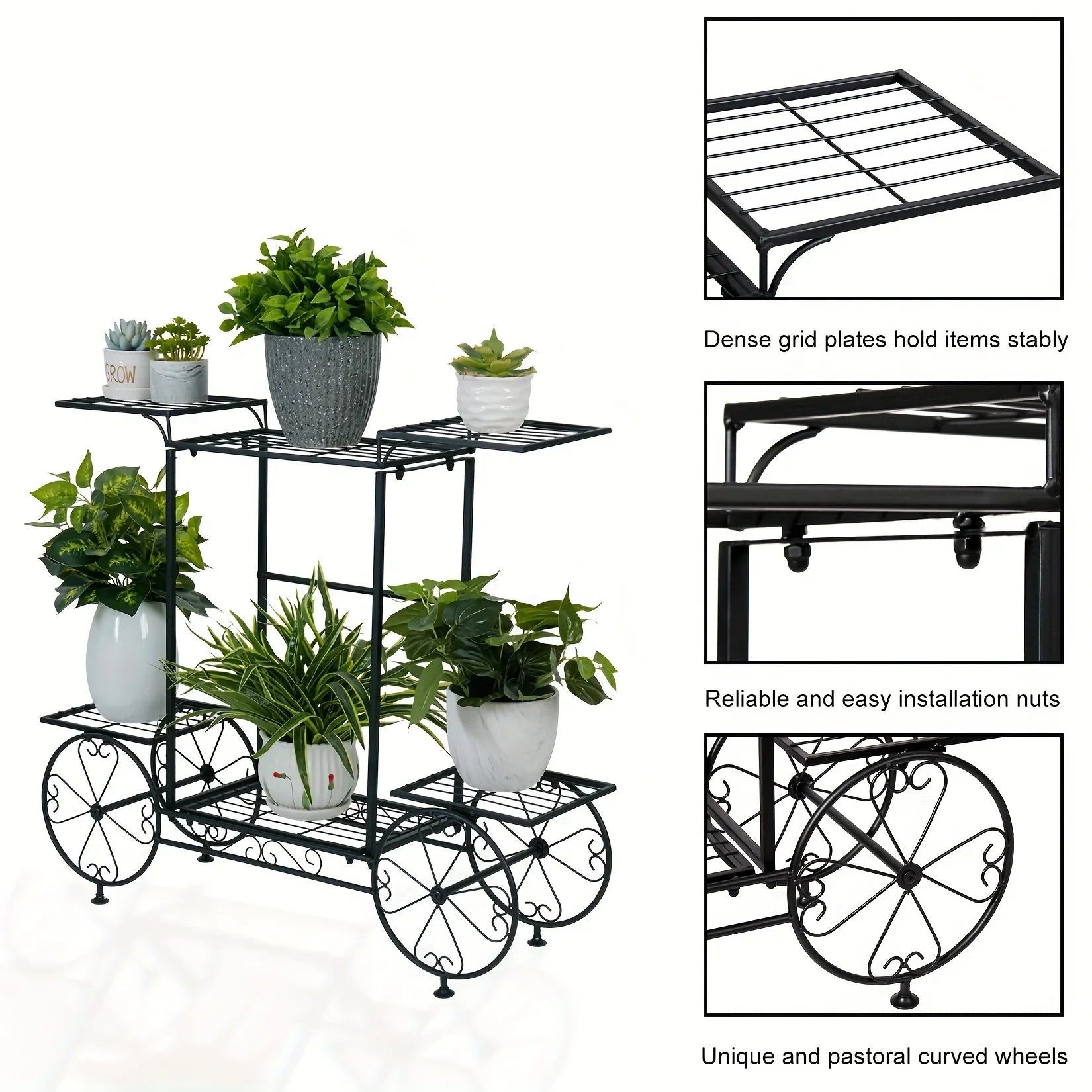 Metal 6-tier Plant Stand Garden Cart Wrought Iron Flower Pot Holder Shelf Rack, angled view - House Of Avana