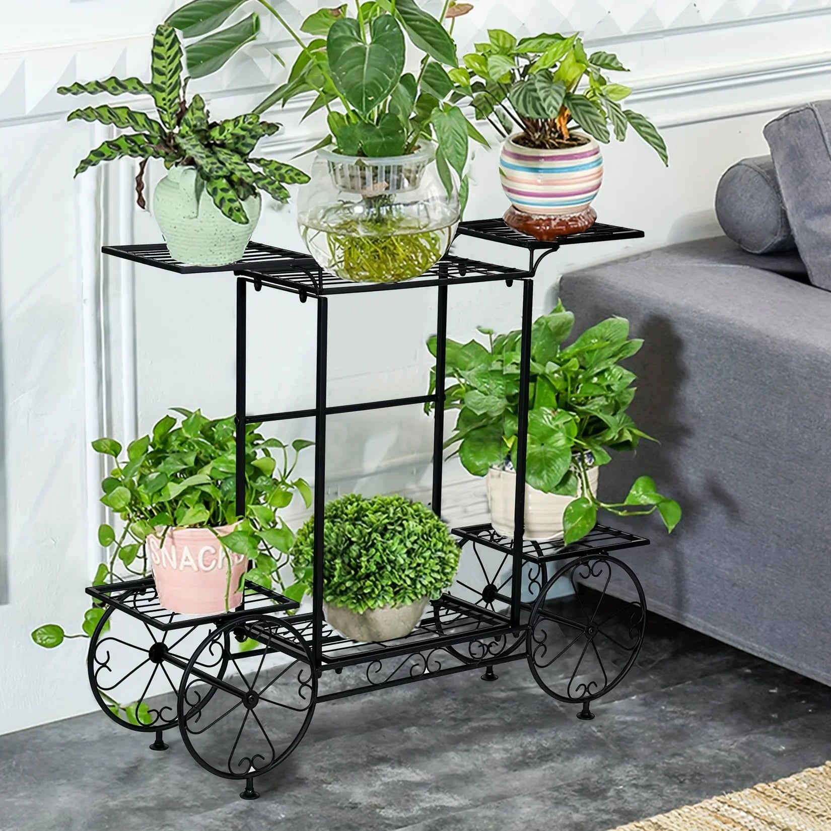 Metal 6-tier Plant Stand Garden Cart Wrought Iron Flower Pot Holder Shelf Rack, top view - House Of Avana