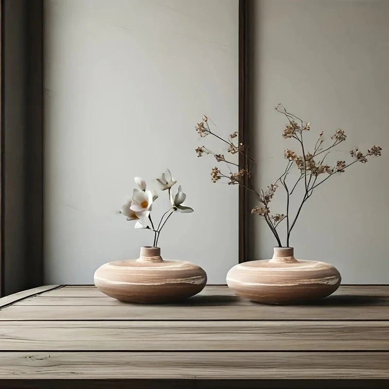 Ceramic Japanese Vase - Minimalist Beige/brown/white Flower Pot for Home Decor, front view - House Of Avana