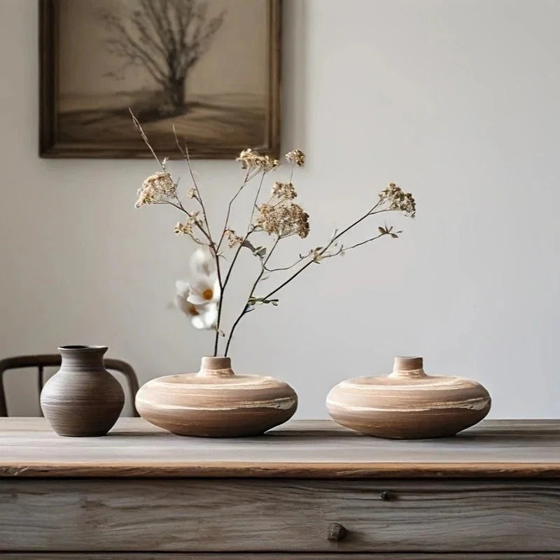 Ceramic Japanese Vase - Minimalist Beige/brown/white Flower Pot for Home Decor, side view - House Of Avana