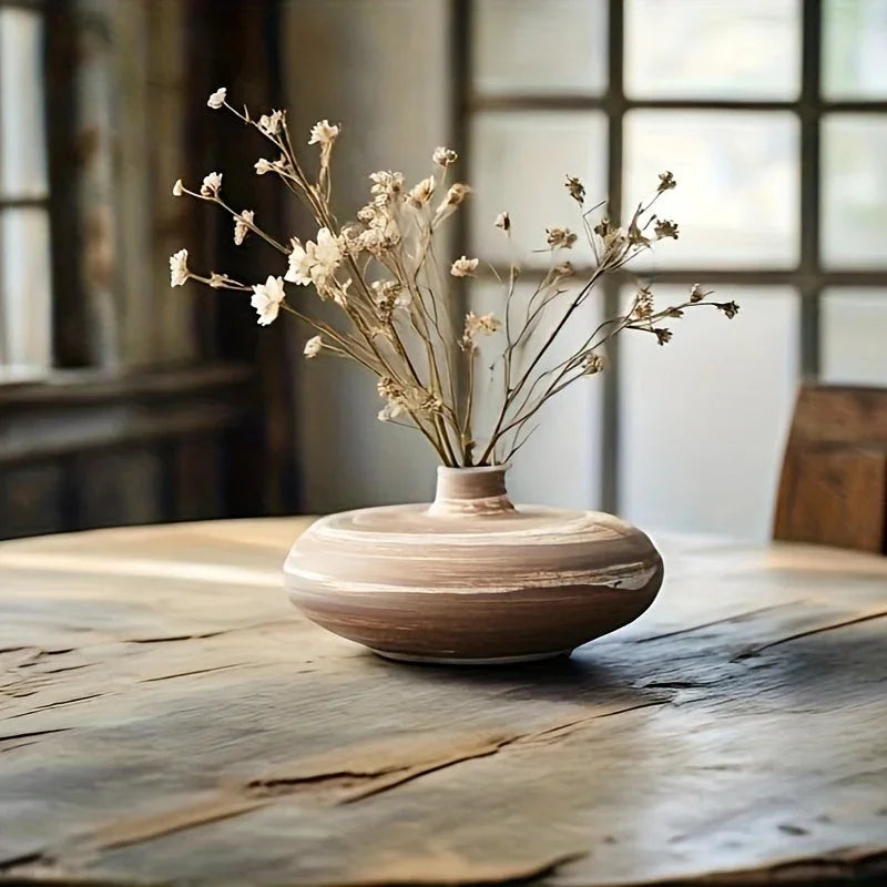 Ceramic Japanese Vase - Minimalist Beige/brown/white Flower Pot for Home Decor, top view - House Of Avana