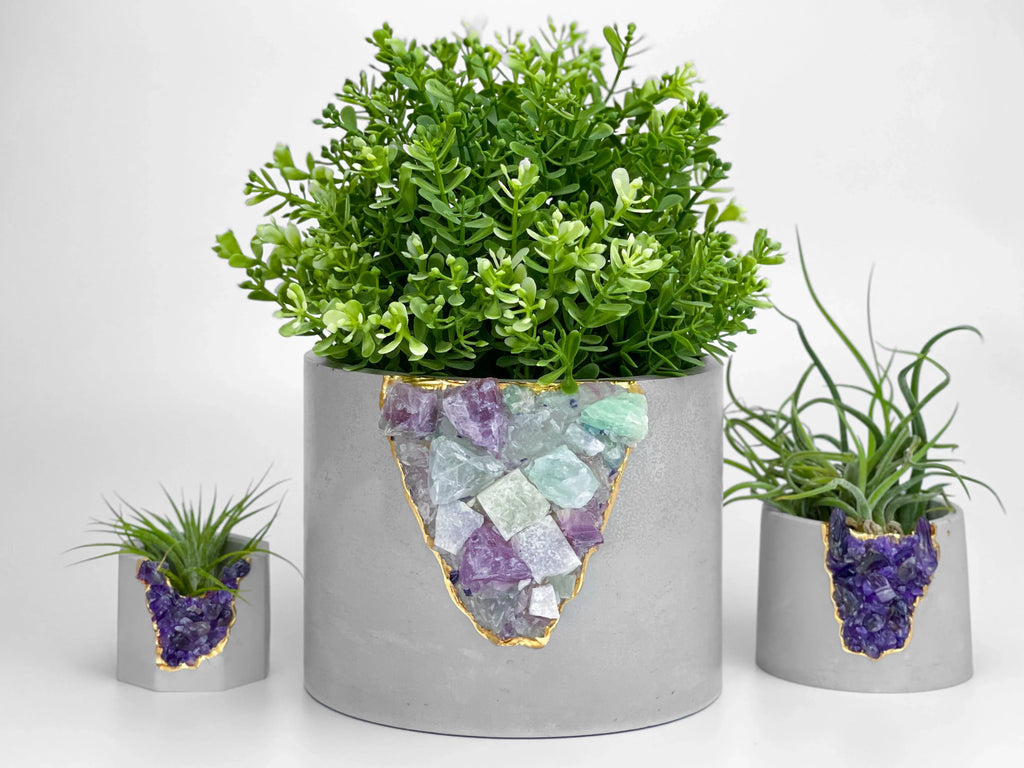 Fluorite Geode 6" Planter with Natural Stone and Hollow Center, back view - House Of Avana