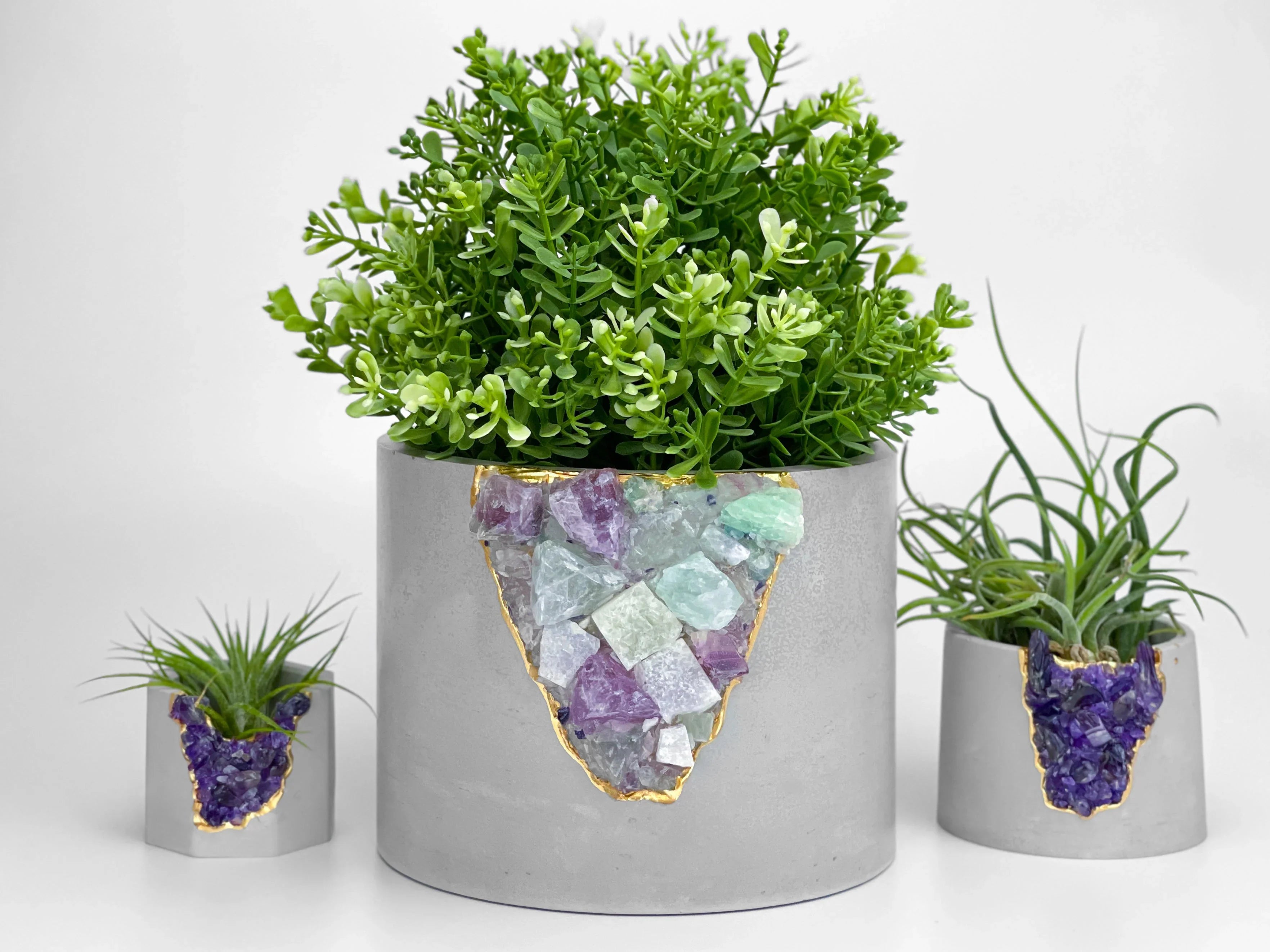 Fluorite Geode 6" Planter with Natural Stone and Hollow Center, back view - House Of Avana