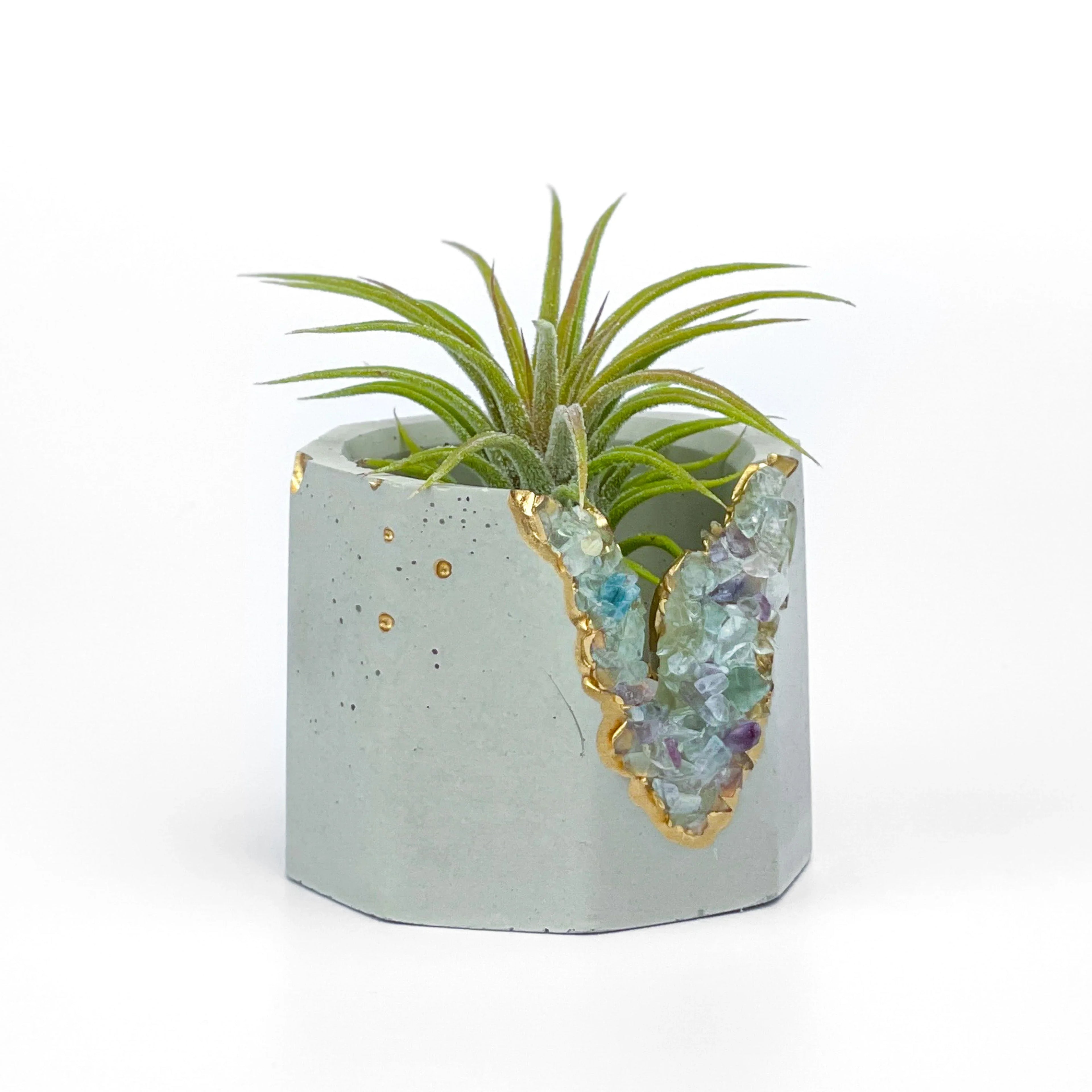 Fluorite Geode Planter Natural Stone Succulent Pot, angled view - House Of Avana