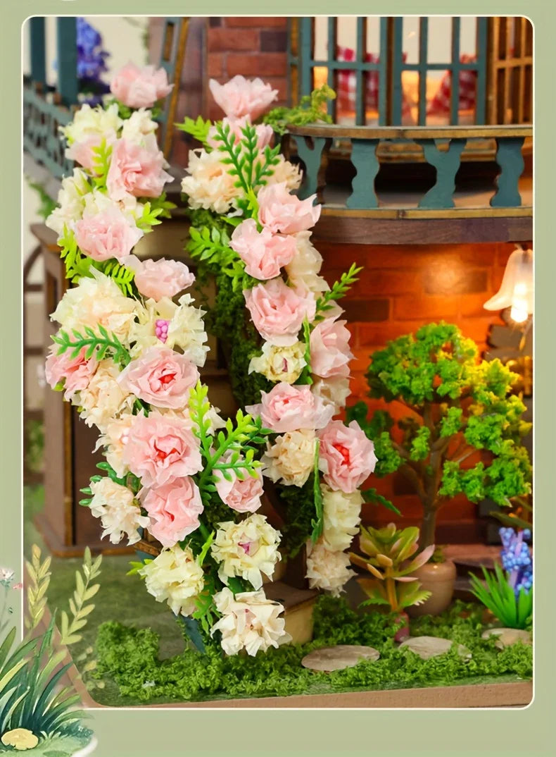 Forest Hut Handmade Wooden Dollhouse Toy Model Kit - Multi-Level Tiny House with Slanted Roof, Floral Balcony & Cozy Interior, Charming Miniature Home Decor for Christmas/Birthday Gifts (No Glue/Battery Included) - Safe & Dur House Of Avana