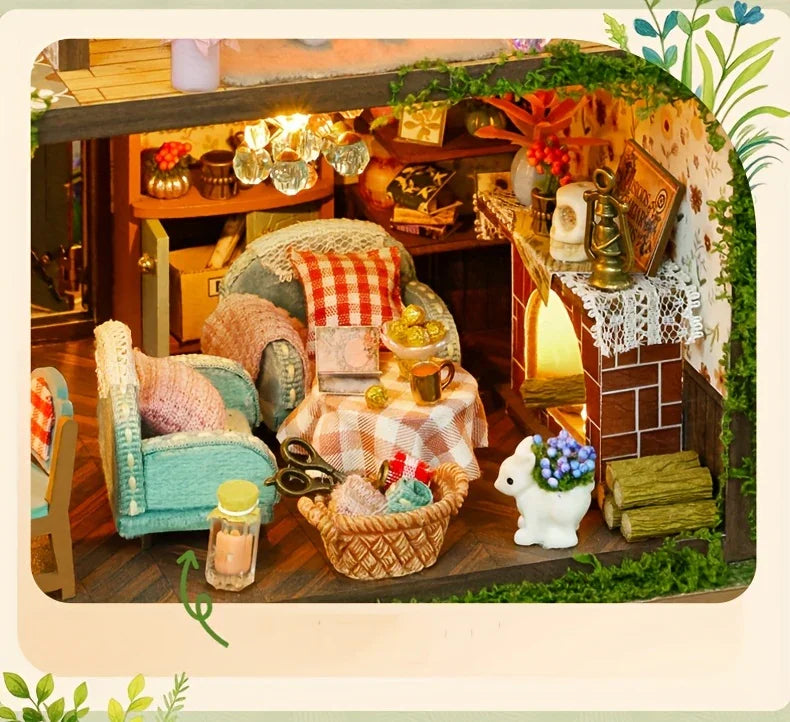 Forest Hut Handmade Wooden Dollhouse Toy Model Kit - Multi-Level Tiny House with Slanted Roof, Floral Balcony & Cozy Interior, Charming Miniature Home Decor for Christmas/Birthday Gifts (No Glue/Battery Included) - Safe & Dur House Of Avana