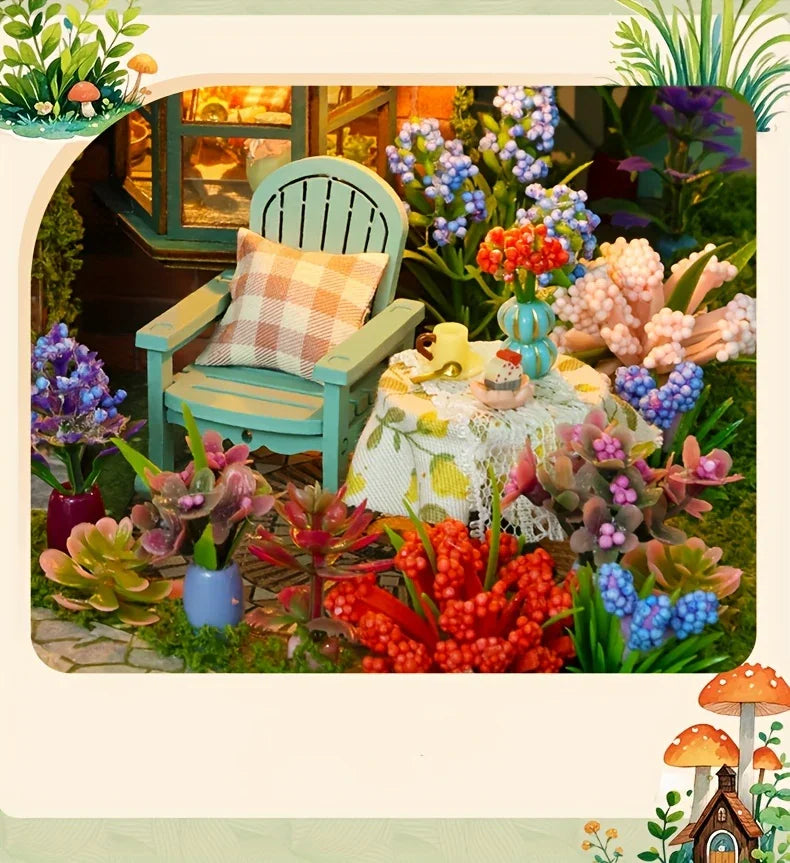 Forest Hut Handmade Wooden Dollhouse Toy Model Kit - Multi-Level Tiny House with Slanted Roof, Floral Balcony & Cozy Interior, Charming Miniature Home Decor for Christmas/Birthday Gifts (No Glue/Battery Included) - Safe & Dur House Of Avana