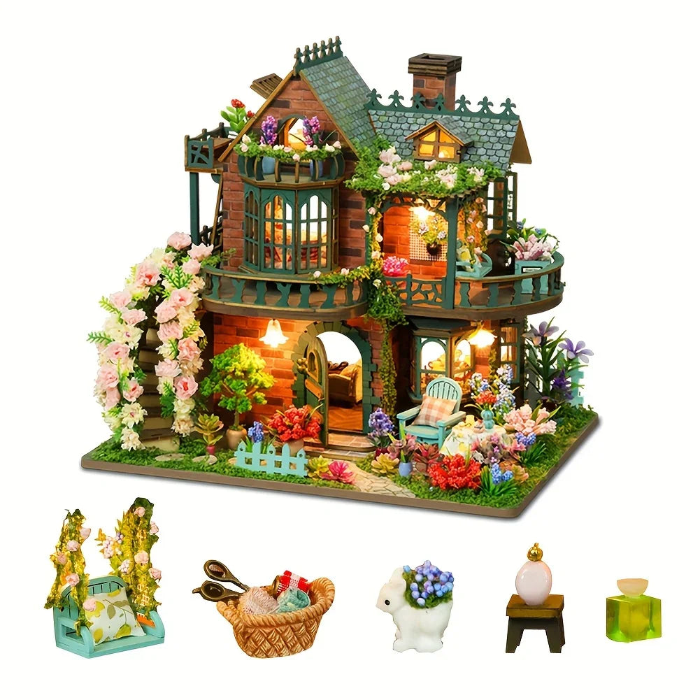 Forest Hut Handmade Wooden Dollhouse Toy Model Kit - Multi-Level Tiny House with Slanted Roof, Floral Balcony & Cozy Interior, Charming Miniature Home Decor for Christmas/Birthday Gifts (No Glue/Battery Included) - Safe & Dur House Of Avana