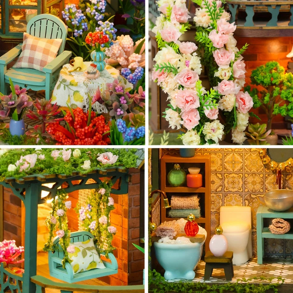 Forest Hut Handmade Wooden Dollhouse Toy Model Kit - Multi-Level Tiny House with Slanted Roof, Floral Balcony & Cozy Interior, Charming Miniature Home Decor for Christmas/Birthday Gifts (No Glue/Battery Included) - Safe & Dur House Of Avana