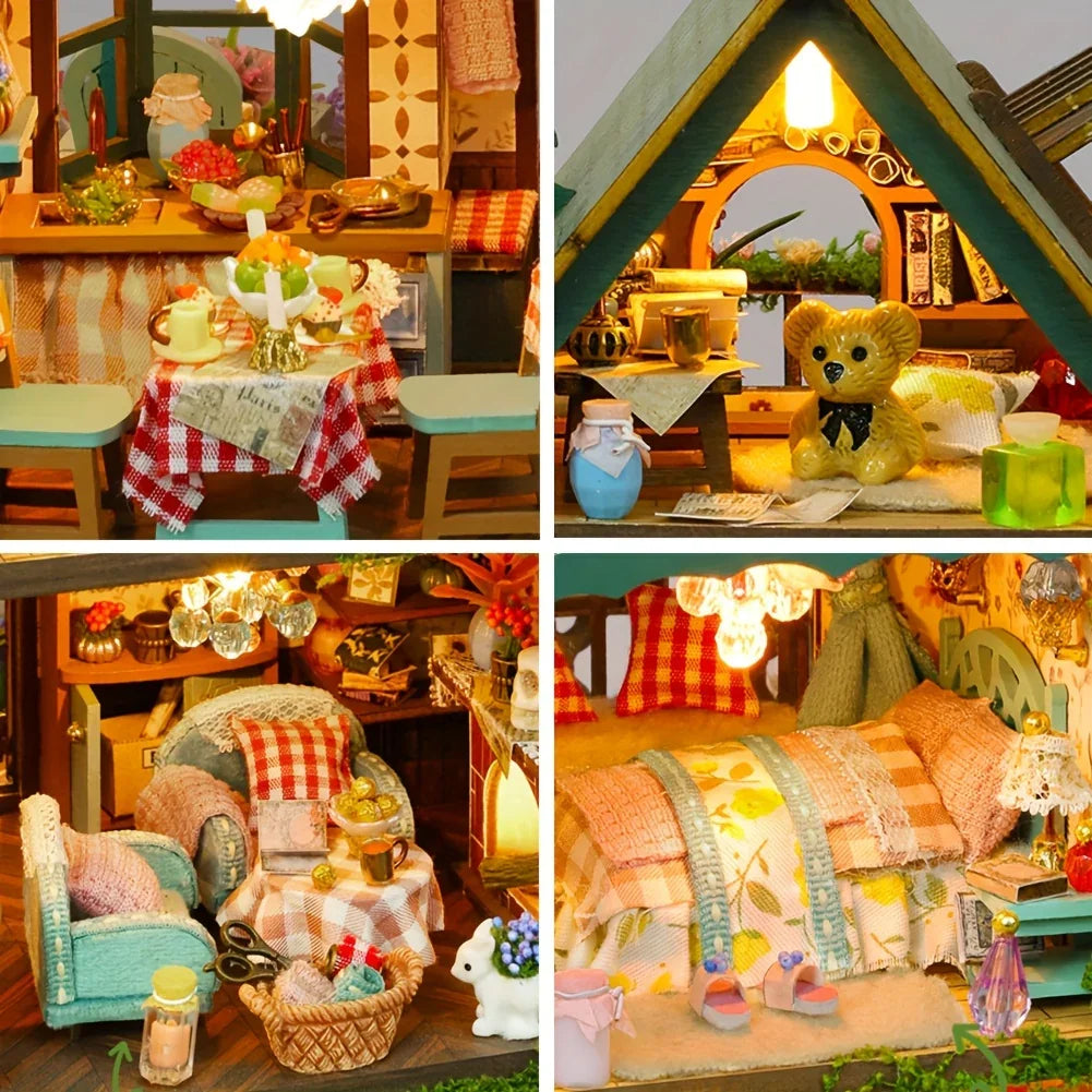 Forest Hut Handmade Wooden Dollhouse Toy Model Kit - Multi-Level Tiny House with Slanted Roof, Floral Balcony & Cozy Interior, Charming Miniature Home Decor for Christmas/Birthday Gifts (No Glue/Battery Included) - Safe & Dur House Of Avana