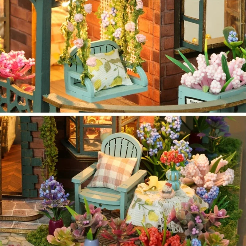 Forest Hut Handmade Wooden Dollhouse Toy Model Kit - Multi-Level Tiny House with Slanted Roof, Floral Balcony & Cozy Interior, Charming Miniature Home Decor for Christmas/Birthday Gifts (No Glue/Battery Included) - Safe & Dur House Of Avana