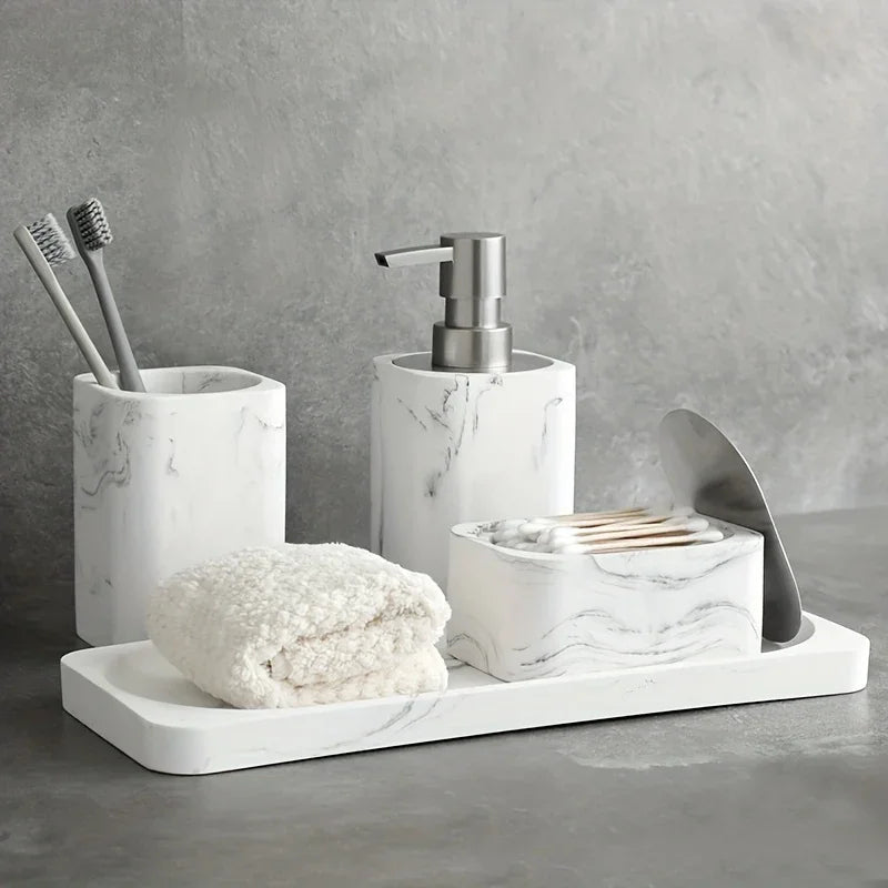 [White Marble | Christmas Gift] Four-Piece White Marble Bathroom Set | Metal Fixtures, Lotion Bottle, Toothbrush Holder, Swab Box, And Tray | Perfect for Home Decor And As a Christmas Gift House Of Avana