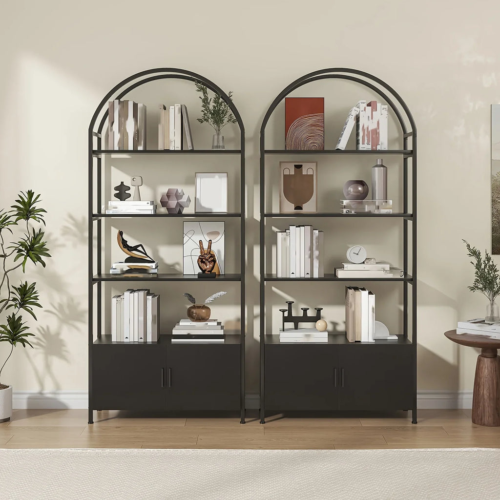 71" Industrial Arched Bookshelf with Doors - Sturdy Metal Frame, Freestanding Display Shelving Unit for... - House Of Avana